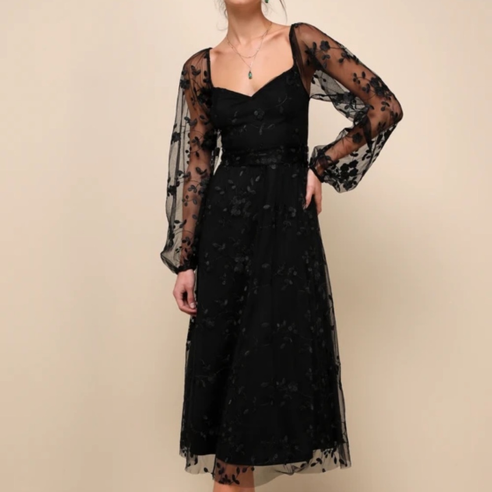 Lulus Darling Charisma Black Mesh Embroidered Midi Dress